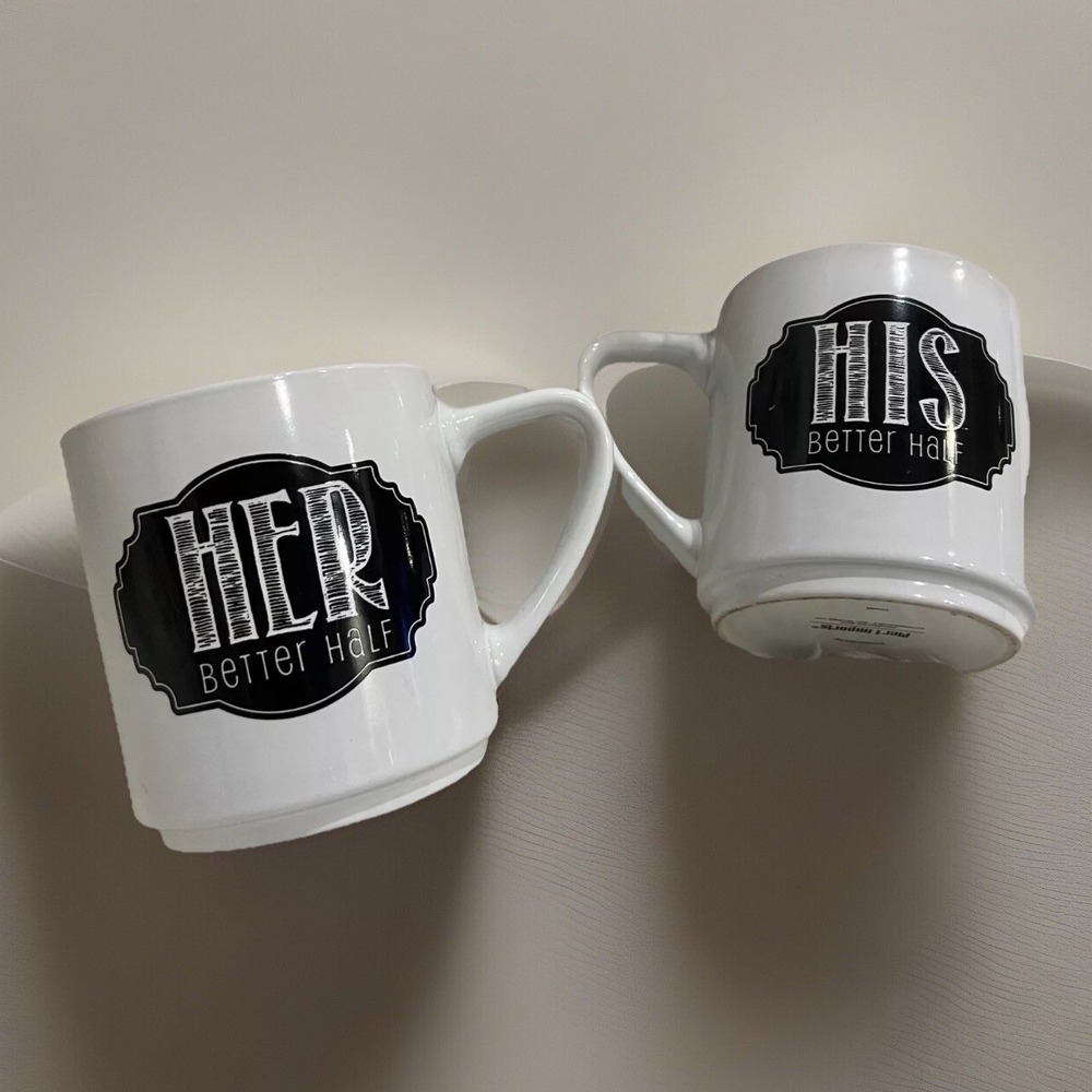 Pier 1 Imports His & Her Better Half Coffee Mugs Stoneware Cup White Black Red